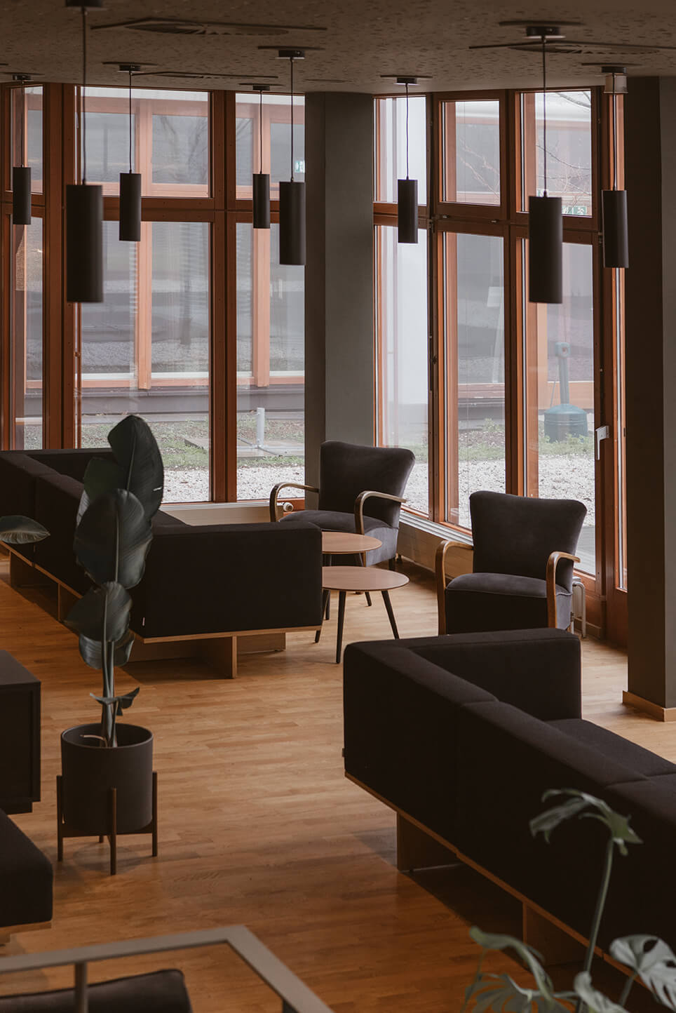 Atrium Lounge des Bold Campus mit schwarzen Designer-Sitzgelegenheiten, Accessoires und Pflanzen vor bodentiefen Fenstern. 