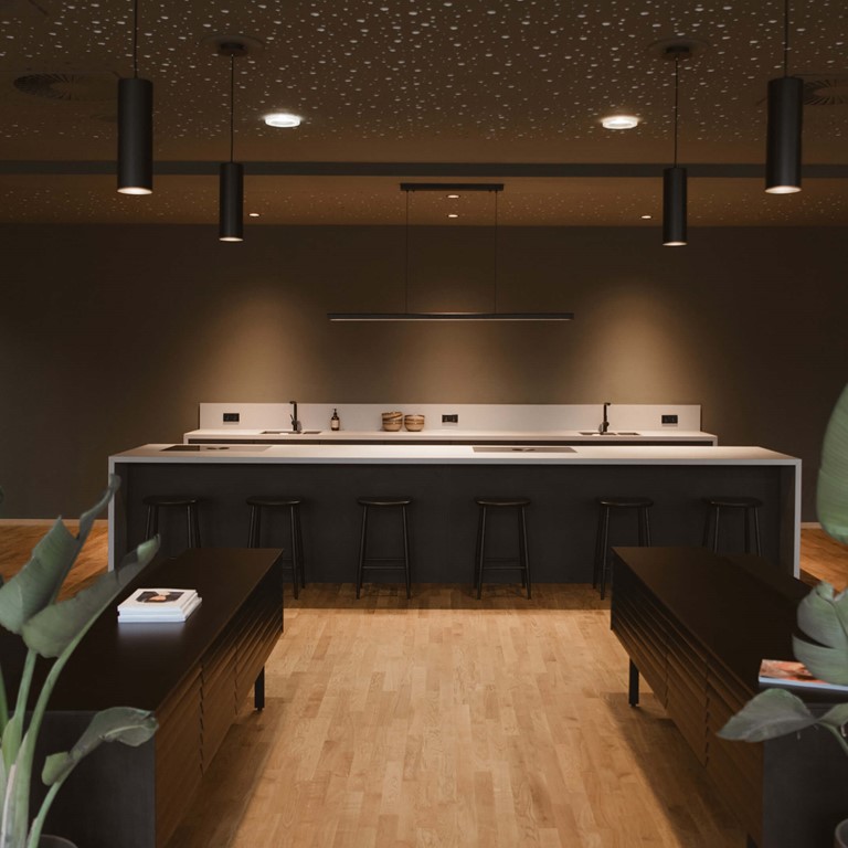 An open room with light wooden floors and dark walls, a show kitchen in the centre of the wall in the background, large-leafed plants and low, dark sideboards define the foreground on the right and left.