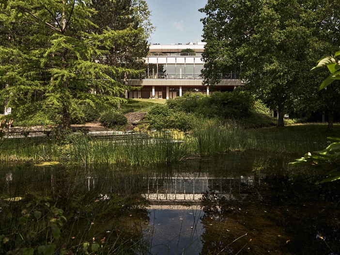 View across a pond with grasses to a building framed and slightly hidden by tall trees. It is being reflected by the pond. 
