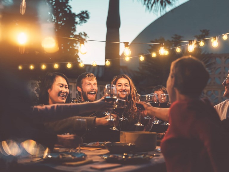 A bunch of people toast with a glass of wine in a cosy gathering under a chain of lights. 