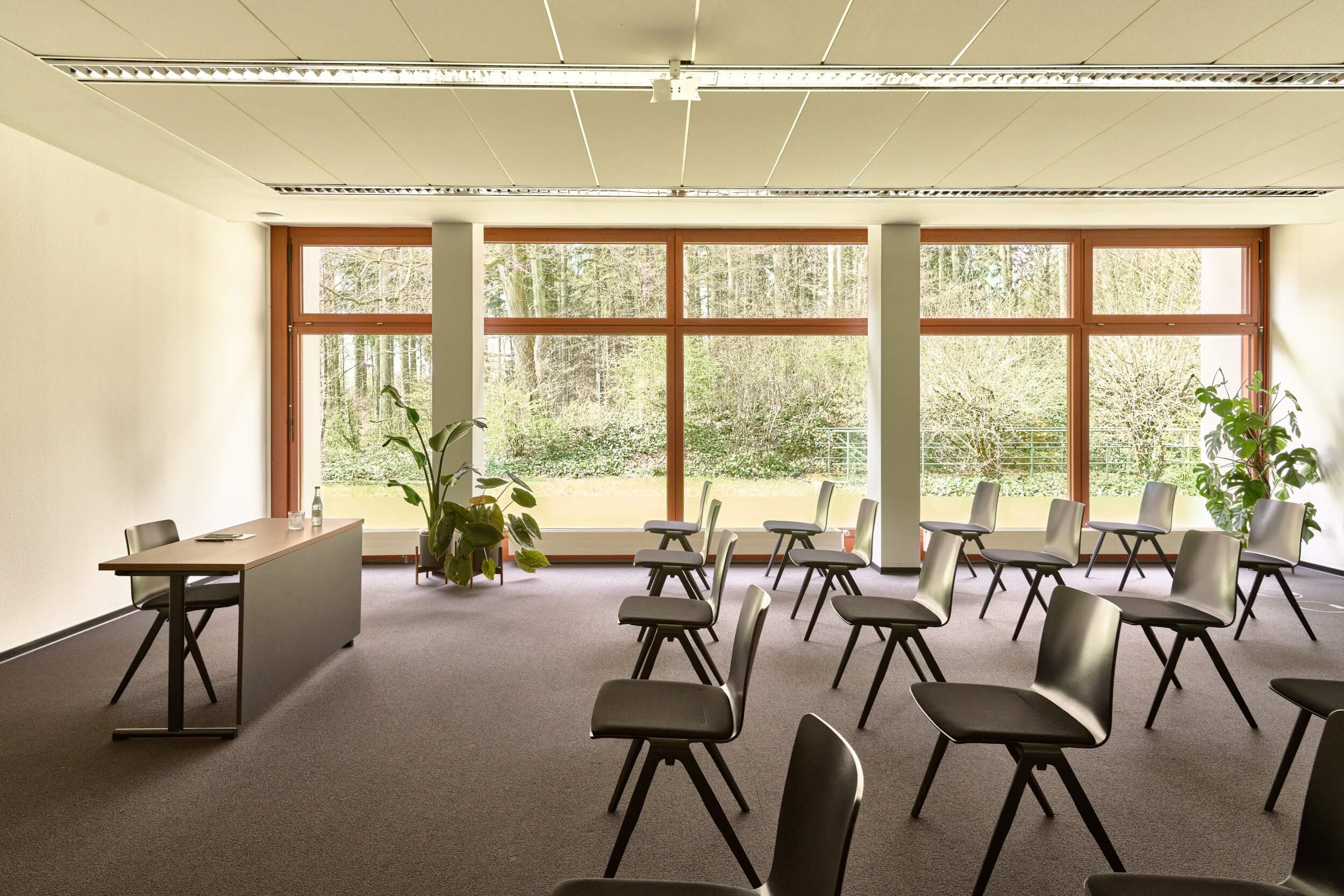 A conference room with floor-to-ceiling windows and a view of the greenery. There are a few chairs in the conference room. These are orientated towards a table.
